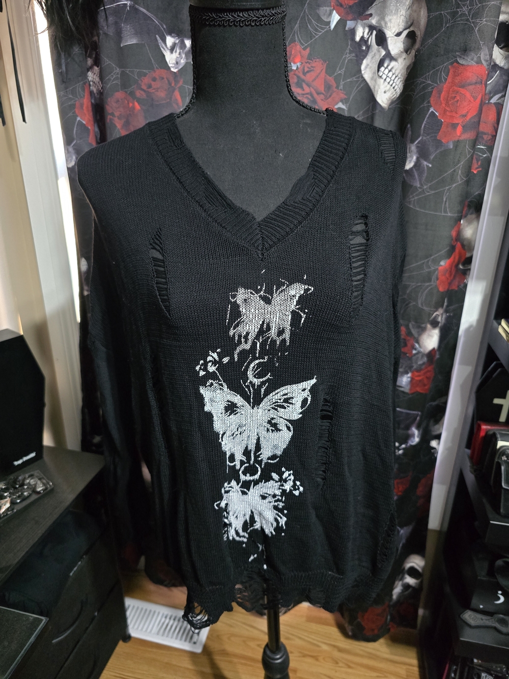 Black Distressed V-Neck Sweater with White Butterfly Print